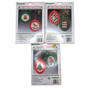 Lot of 3 New Vtg WonderArt Christmas Ornaments Cross Stitch Kits Needlecraft USA